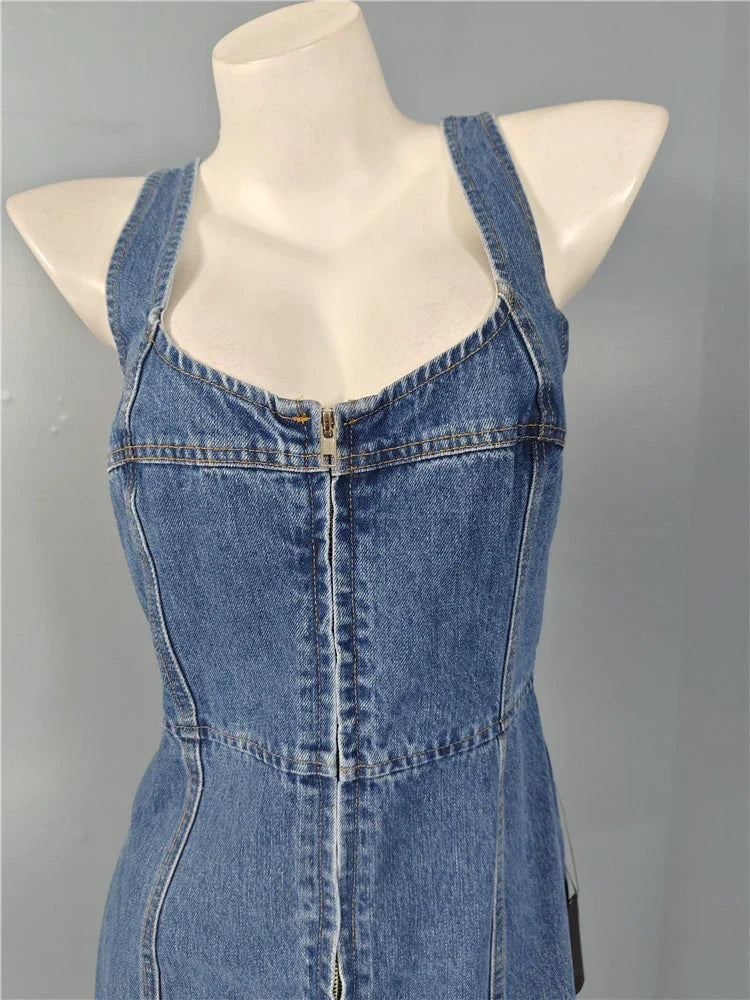 Denim Suspender Square Neck Slim Mini Dress Flowering Girl