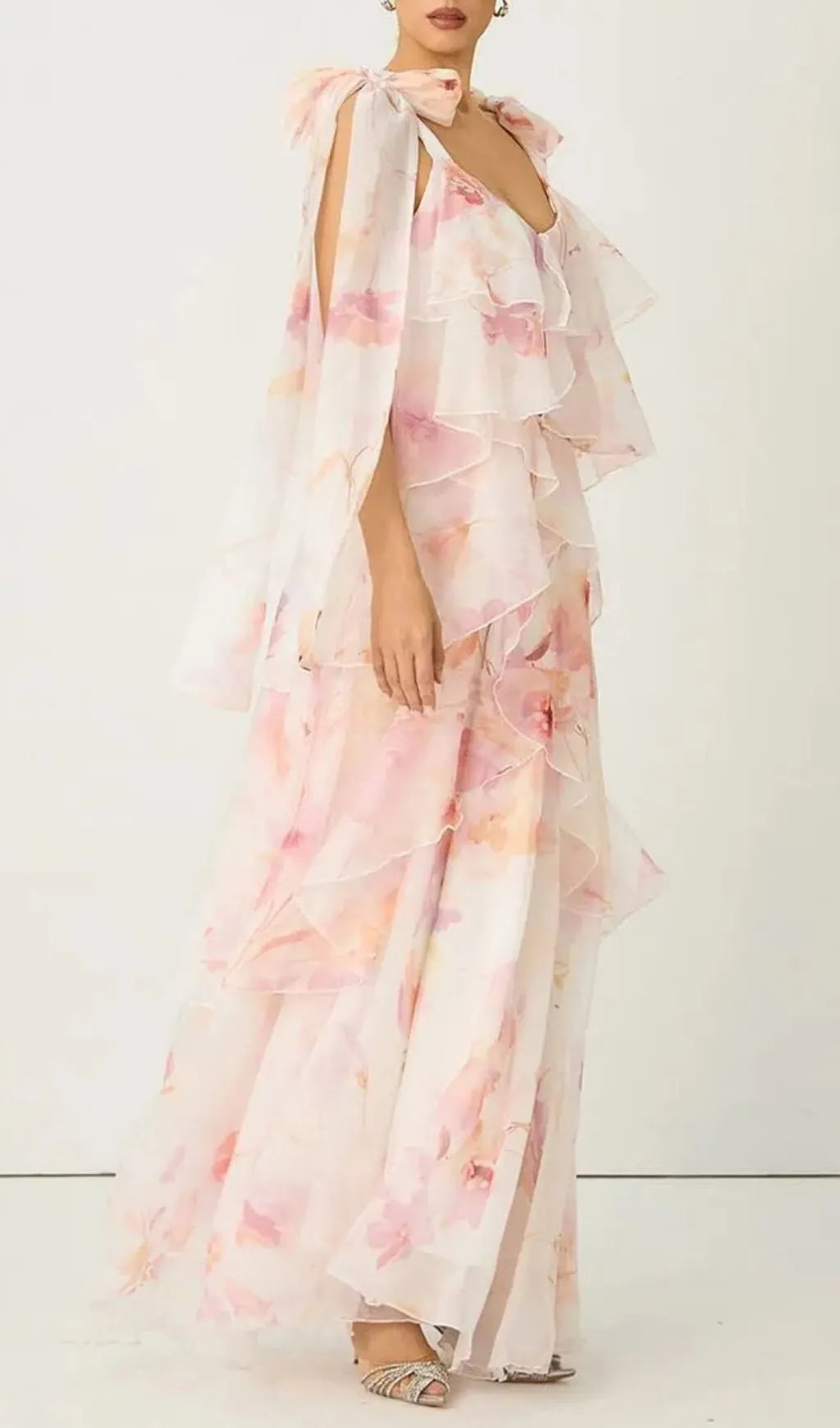 Beverly V-Neck Spaghetti Strap Chiffon Maxi Dress - Pink Flowering Girl
