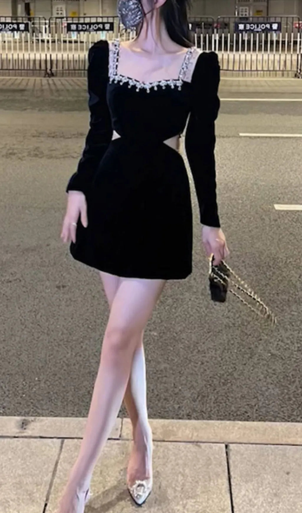 Square Neck Long Sleeve Velvet Mini Dress