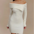 White Off-The-Shoulder Long-Sleeved Knitted Dress Flowering Girl