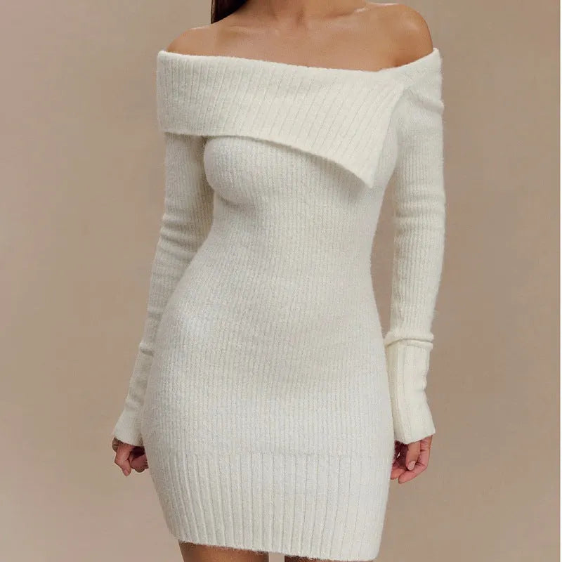 White Off-The-Shoulder Long-Sleeved Knitted Dress Flowering Girl