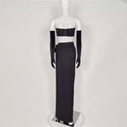 Rhinestone High Split Skirt Set With Gloves