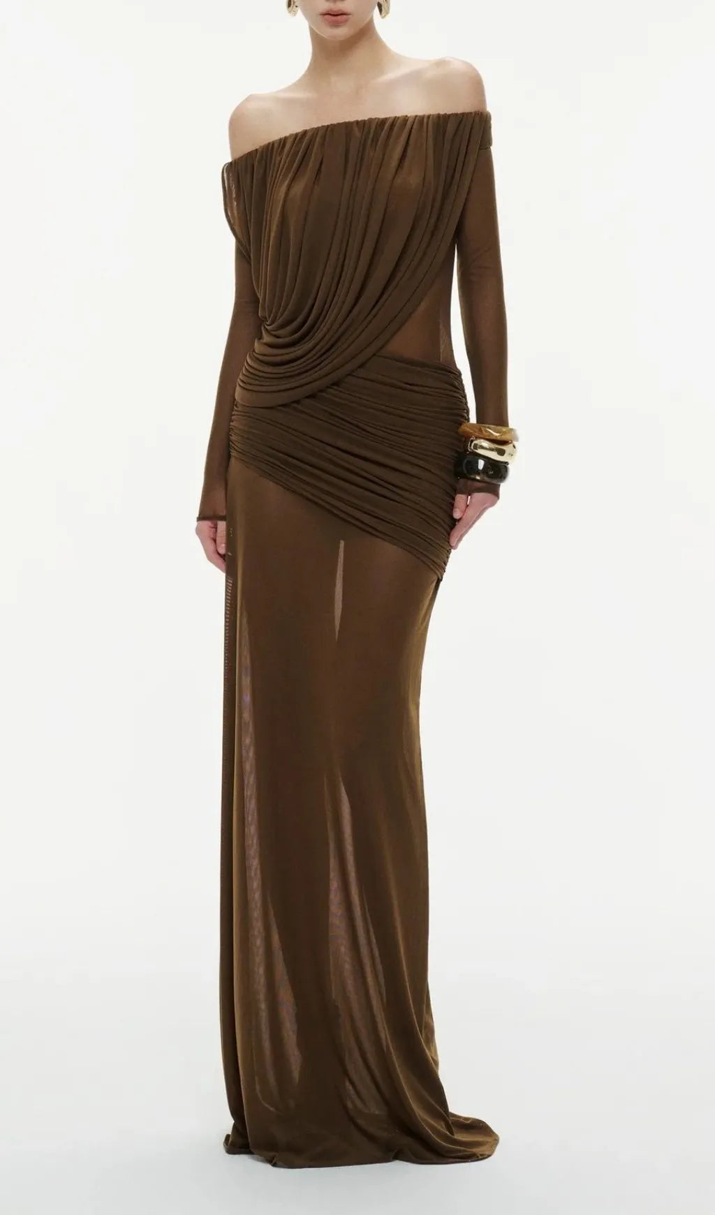 Kalinda Brown Pleated Off-Shoulder Mesh Maxi Dress Flowering Girl