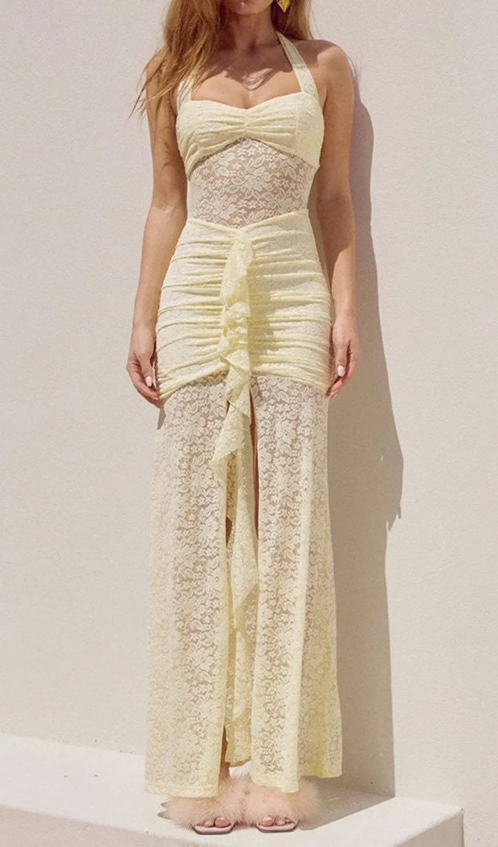 Fusayo Yellow Halter Ruched Lace Maxi Dress Flowering Girl