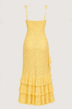 Irregular Ruffled Lace Patchwork High Slit Slip Maxi Dress - Yellow Flowering Girl