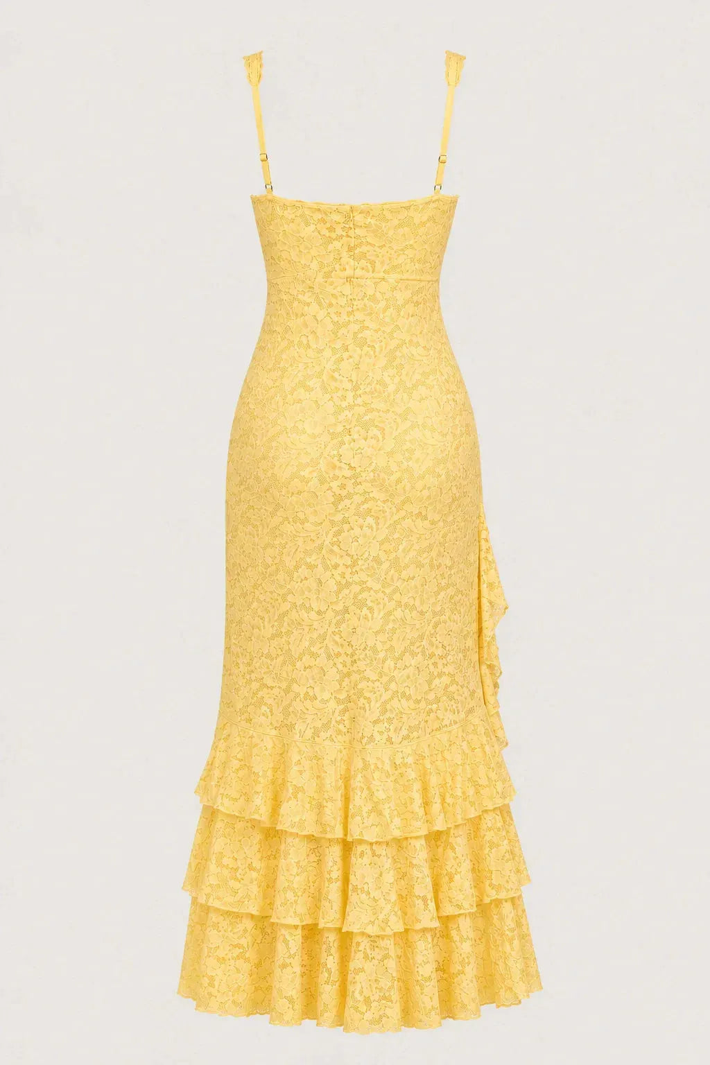 Irregular Ruffled Lace Patchwork High Slit Slip Maxi Dress - Yellow Flowering Girl