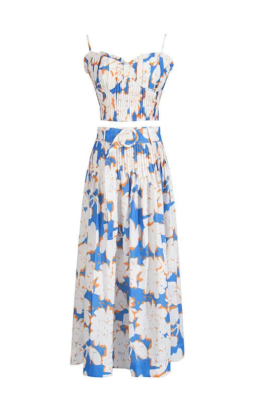 Pleated Floral-Print Linen Bustier Top Skirt Set In Blue Flowering Girl