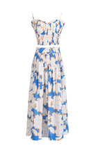 Pleated Floral-Print Linen Bustier Top Skirt Set In Blue Flowering Girl