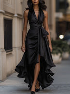 Midnight Elegance Satin Halter Ruffle Gown Flowering Girl