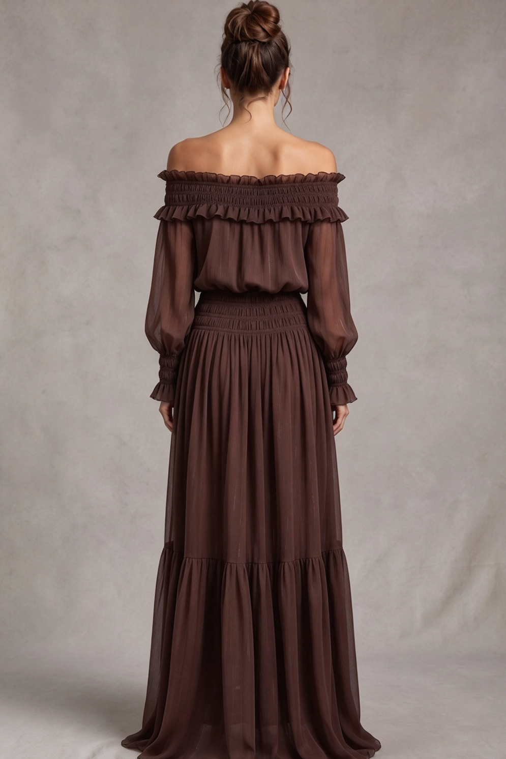 Chocolate Brown Textured Chiffon Blouson Maxi Dress with Tiered Skirt Flowering Girl