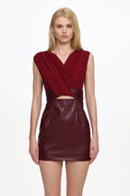 Ferina V Neck Ruched Faux Leather Mini Dress Flowering Girl
