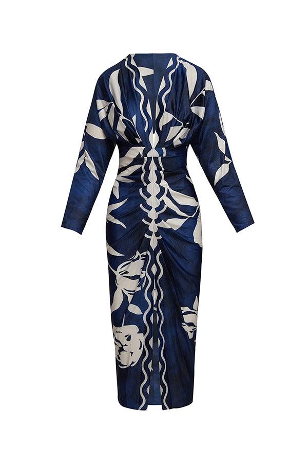 Unique Print Dolman Long Sleeve Ruched Slit Midi Dress Flowering Girl