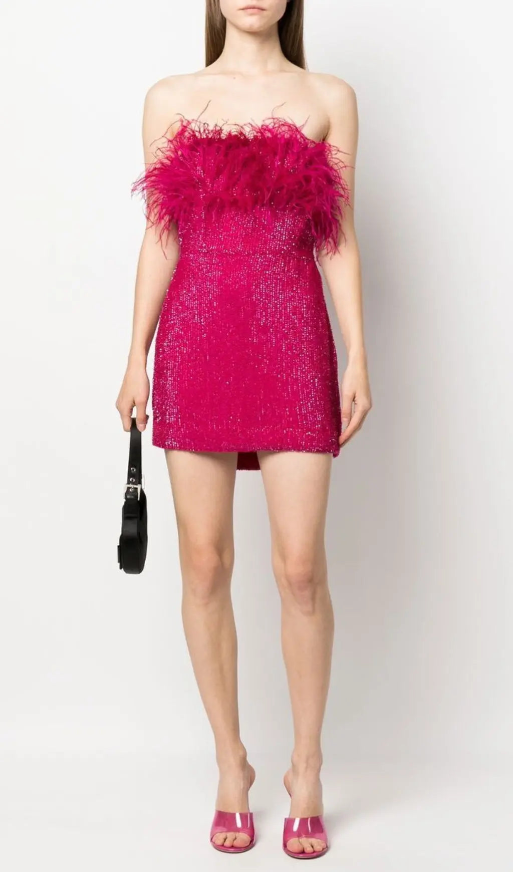 Sequin Feather Strapless Mini Dress In Hot Pink Flowering Girl