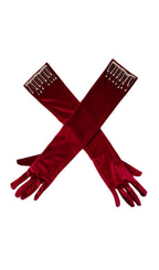 Velvet Rhinestones Long Gloves With Fringe Flowering Girl