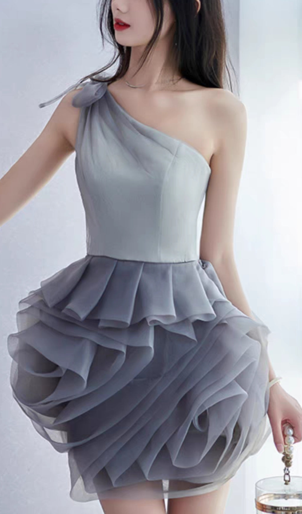 One Shoulder Mesh Mini Dress In Grey Flowering Girl