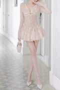 Eileen Long-Sleeve v-Neck Lace A-Line Mini Dress In Pink Flowering Girl