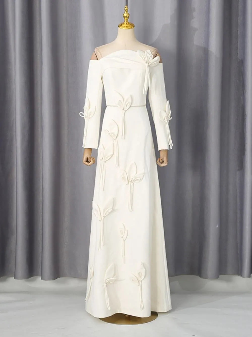Mandell White Off-Shoulder Flower Long Sleeve Maxi Dress Flowering Girl