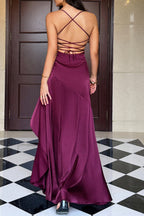 Red Wine Suspender Slits Maxi Dress Flowering Girl