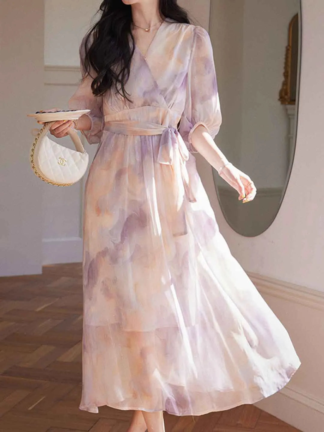 Phoenix Classic V-Neck Floral Printed Tie Dress Flowering Girl