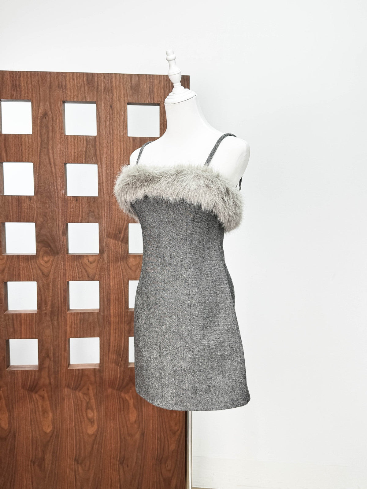 Victoria Spaghetti Faux Fur Mini Dress In Grey Flowering Girl