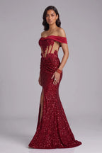 Deep Red Sequin Off-the-Shoulder Mermaid Gown Flowering Girl
