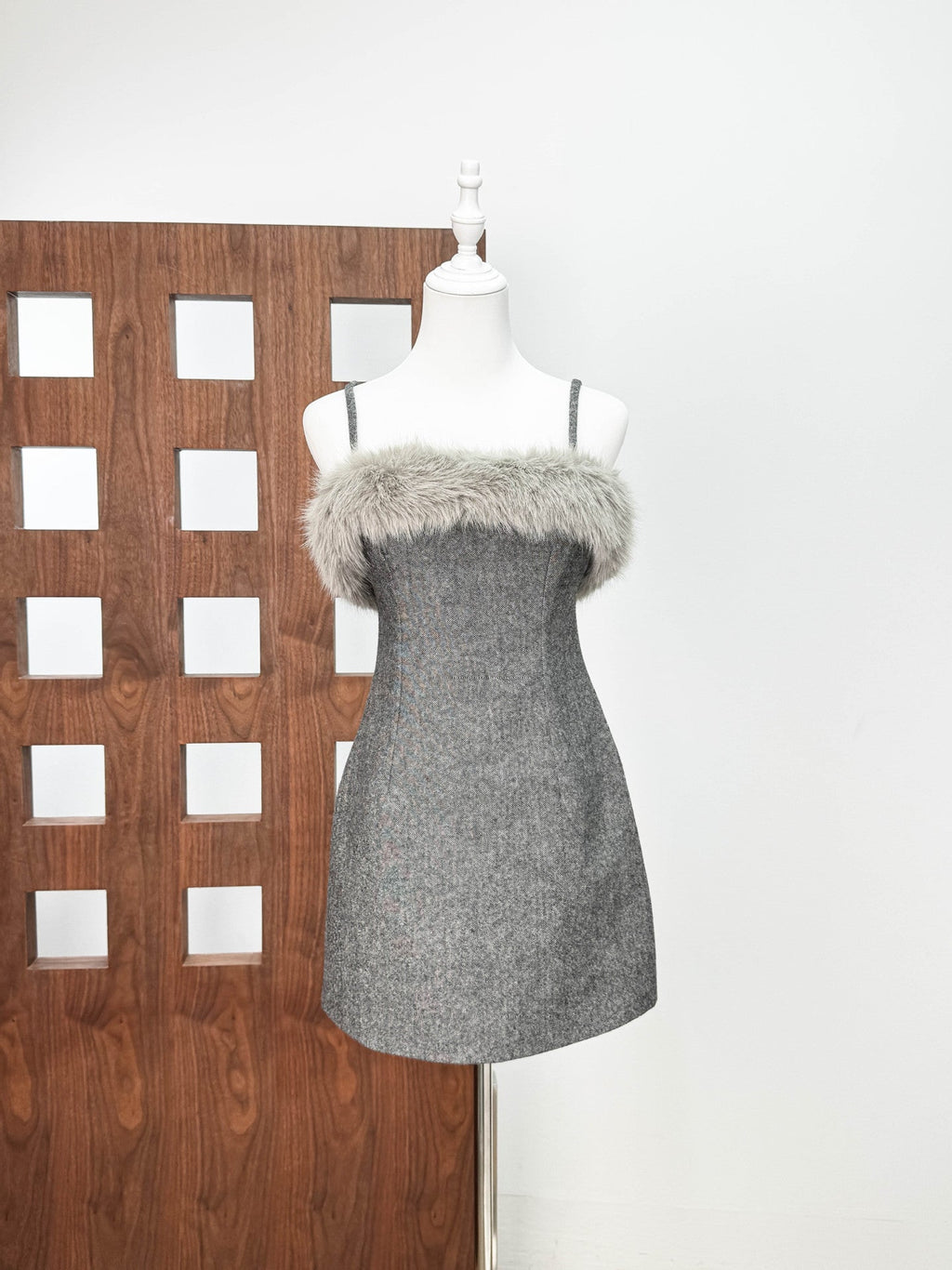 Victoria Spaghetti Faux Fur Mini Dress In Grey Flowering Girl