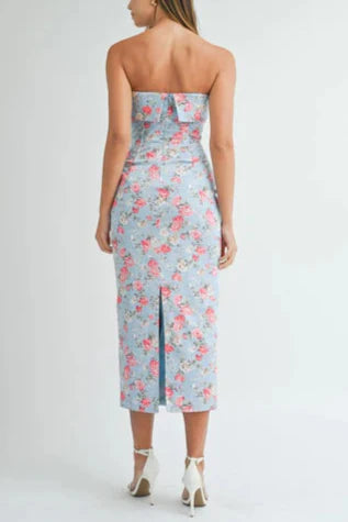 Sherry Strapless Floral Midi Dress In Blue Flowering Girl