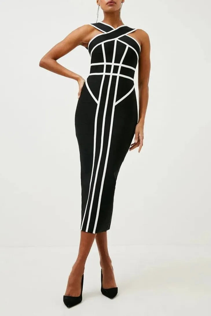 Myrna Cross Strap Color Block Midi Slit Dress Flowering Girl