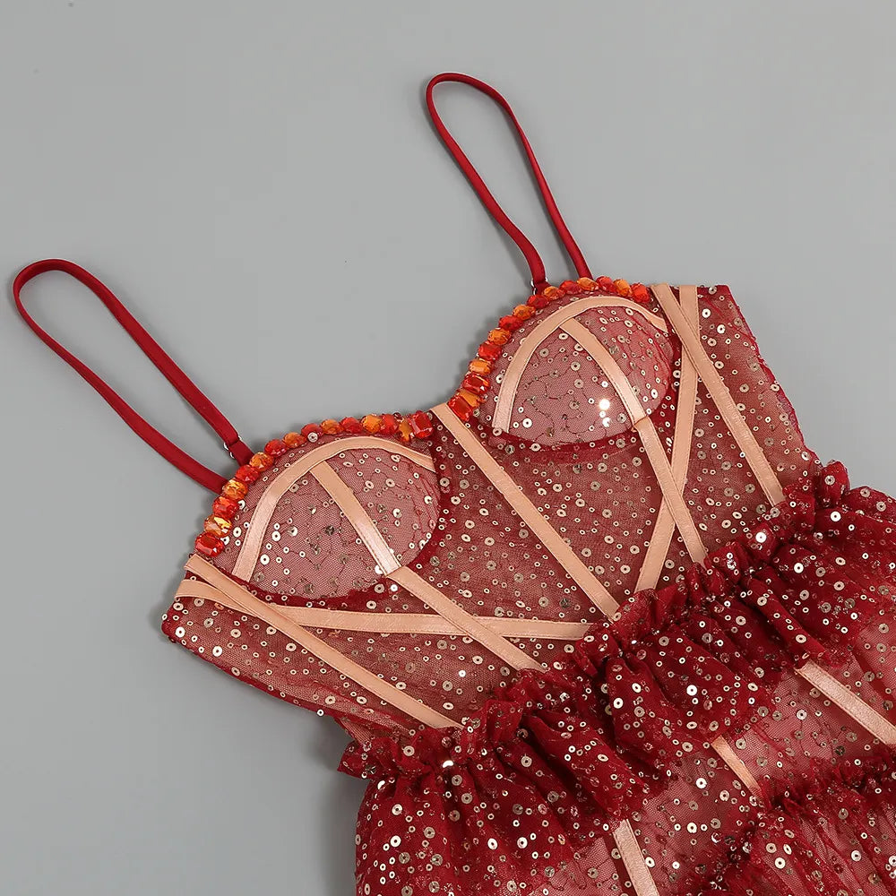Korene Red Strappy Sequin Mesh Maxi Dress Flowering Girl
