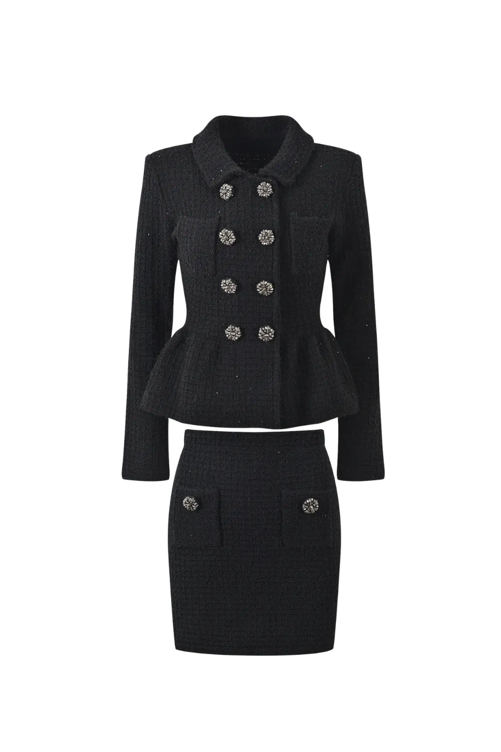 Textured knit jacket skirt suit in black Flowering Girl