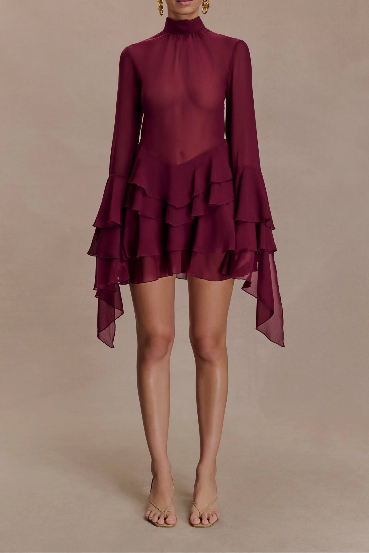 Chiffon Ruffle Mini Dress - Wine Flowering Girl