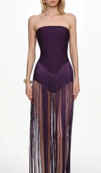 Helen Bodysuit Fringe Strapless Mini Dress In Purple Flowering Girl