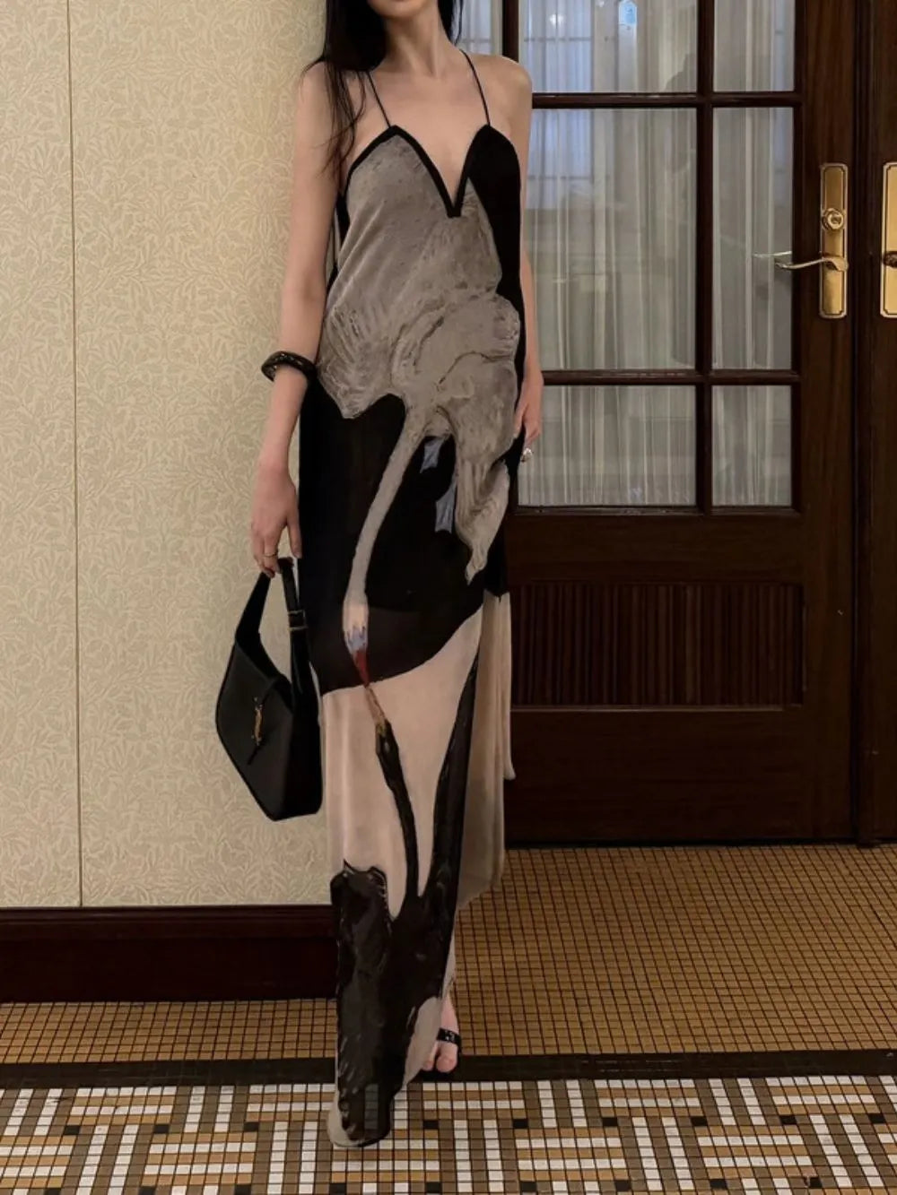 Meryem Spaghetti Swan Printed Maxi Dress Flowering Girl