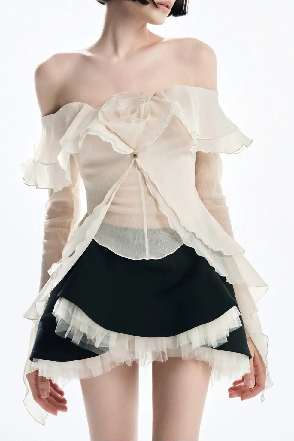 Apricot One-Shoulder Tube Top With Backless Ruffled Mesh Skirt Set Flowering Girl