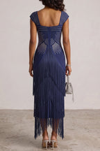 Cap Sleeve Square Neck Rhinestone Fringe Midi Dress Flowering Girl