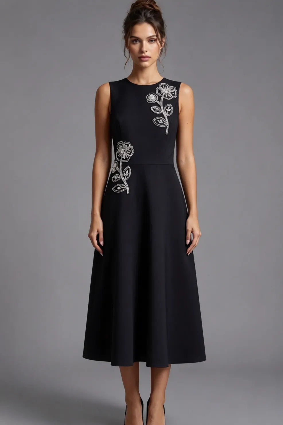 Black Structured Mid-Weight Woven A-Line Fit-and-Flare Midi Dress Flowering Girl