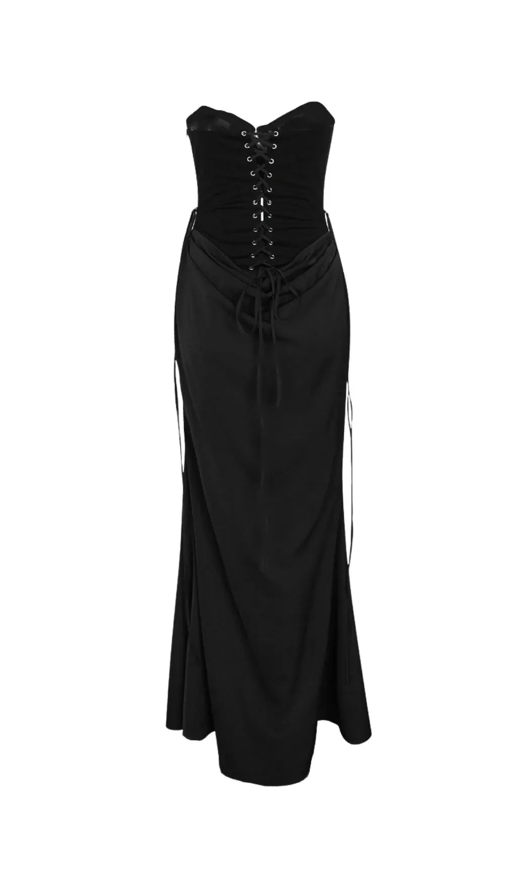 Beatrix Strapless Corset Satin Maxi Dress - Black Flowering Girl