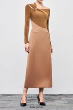 Eleanor Sheath Asymmetric Neck Taffeta Midi Dress in brown Flowering Girl