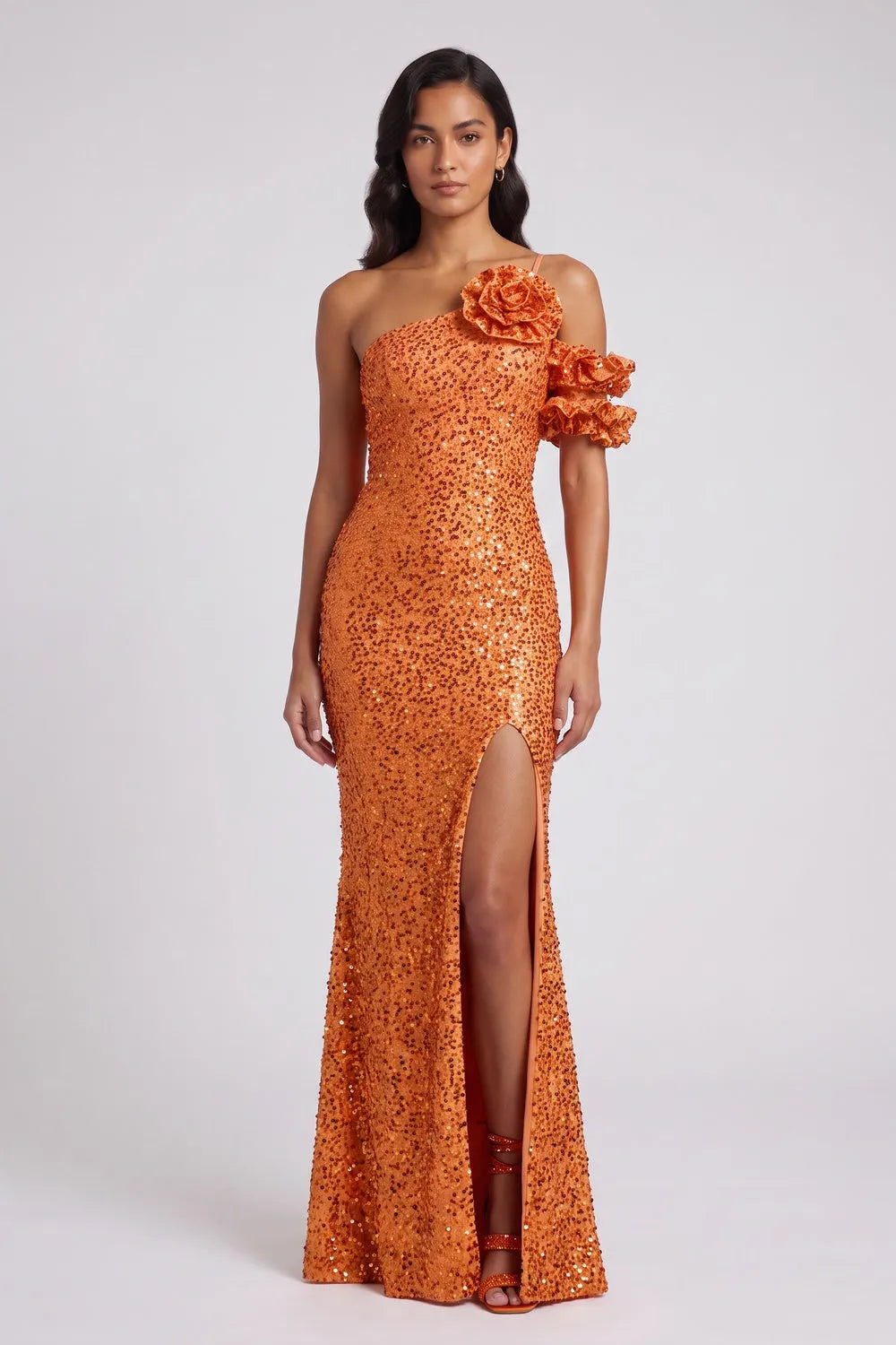 Orange Sequin One-Shoulder Floor-Length Gown Flowering Girl