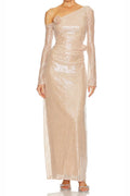 One-Shoulder Flower Embellished Sequin Maxi Dress In Apricot Flowering Girl