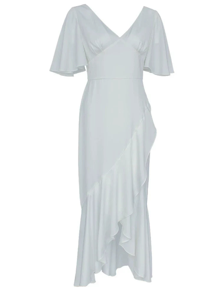 White Irregular V-Neck Backless Flared Sleeves Satin Dress Flowering Girl