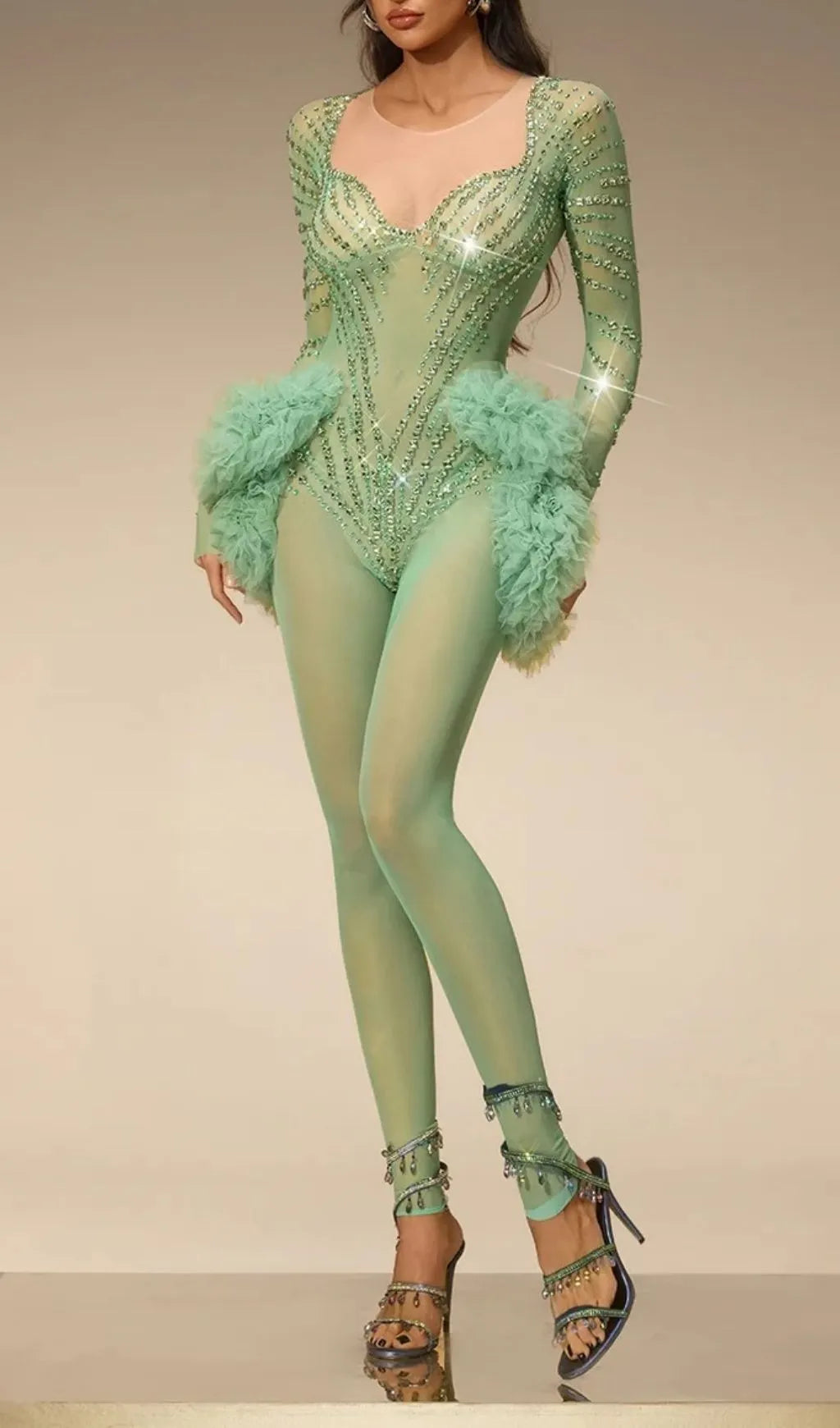 Zireth Long Sleeve Crystal Mesh Jumpsuit Flowering Girl