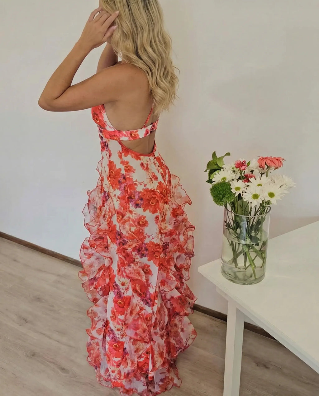 Floral Print Ruffle High Slit Mini Dress - Red Flowering Girl