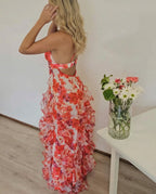 Floral Print Ruffle High Slit Mini Dress - Red Flowering Girl
