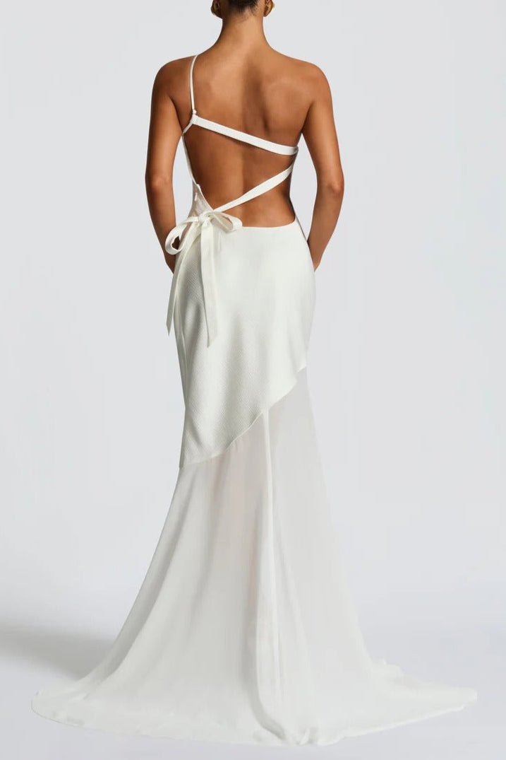 Lace-Up Beveled Back Satin Maxi Dress In Ivory Flowering Girl