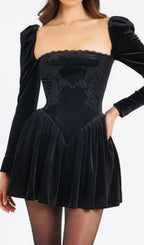 Carlyn Black Long Sleeve Velvet Mini Dress Flowering Girl