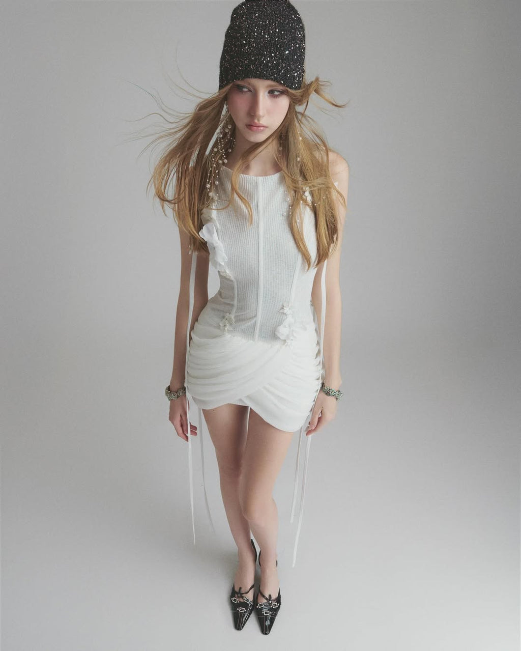 flower embellished puff hem slim mini dress in white Flowering Girl