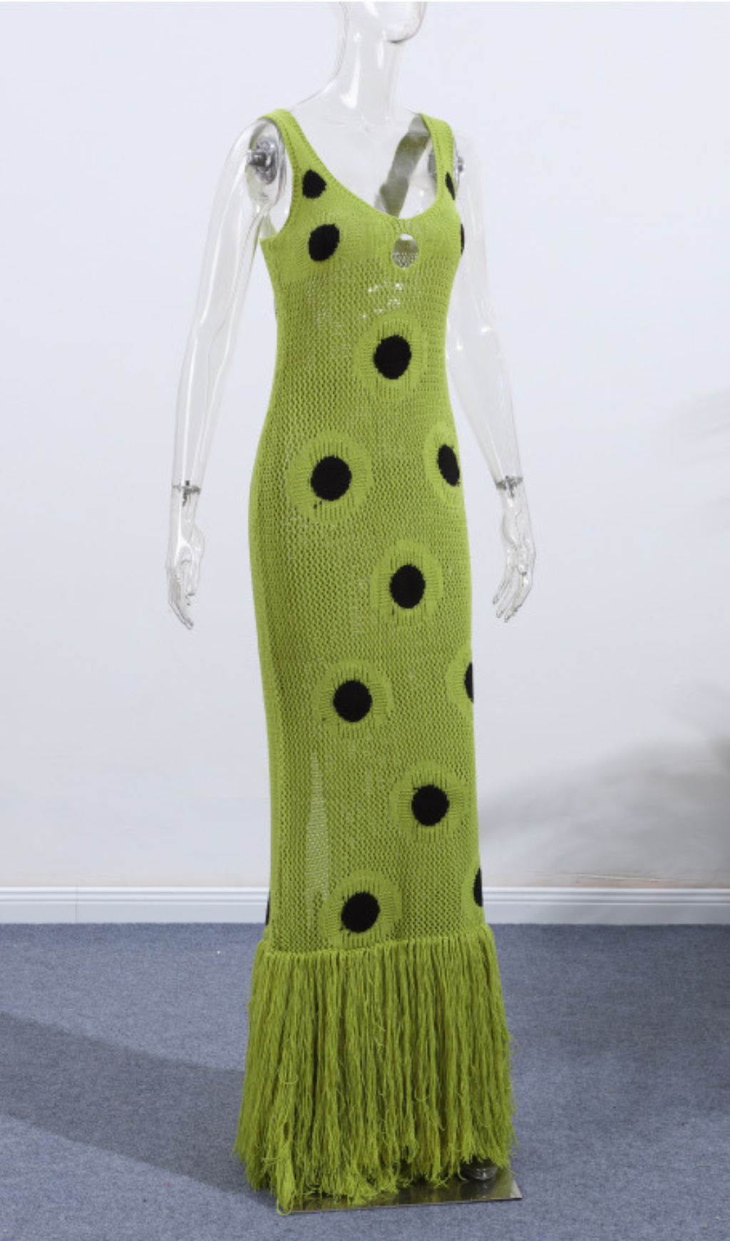 Gaelion Dot Fringe Knitted Midi Dress In Green Flowering Girl