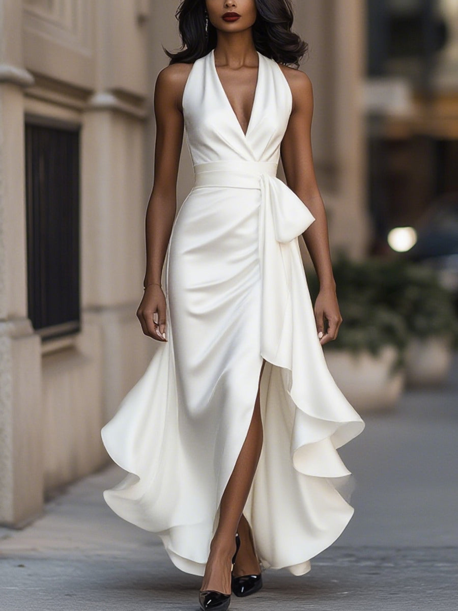 Midnight Elegance Satin Halter Ruffle Gown Flowering Girl