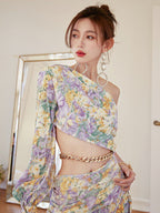 Dolores French-Style Printed Off-Shoulder Single-Sleeve Slit Mini Dress Flowering Girl
